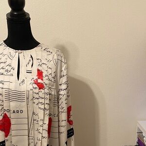 LOFT White and Black Script Blouse with Red Kiss Accents